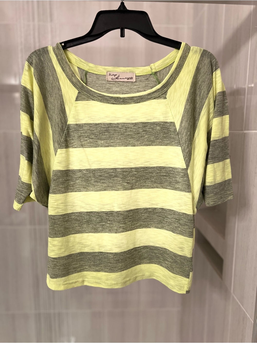 Vintage Havana Striped Short Sleeve Raglan Top Neon Lime & Heather Grey